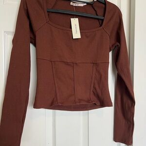 NWT Mi Ami Francesca’s Women's Brown Ribbed Long Sleeve Crop Top